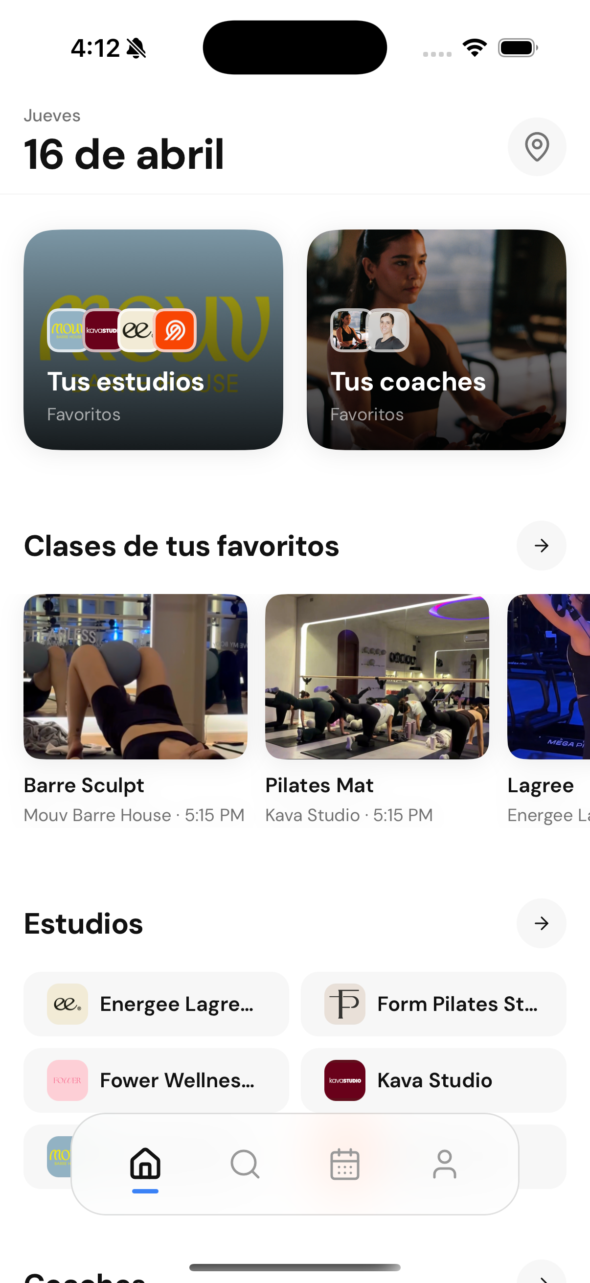 Pantalla de inicio de la app Noma — clases del día y favoritos